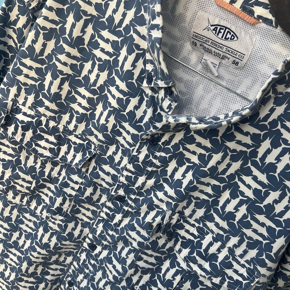 AFTCO Shirt Fishing 2XL Button Up Marlin Sailfish Fishing Snap Pocket Logo Fish